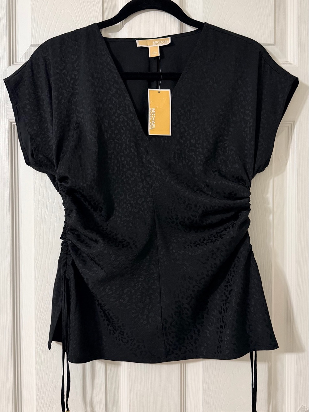 Michael Kors Black V-Neck Ruched Side-Tie Top